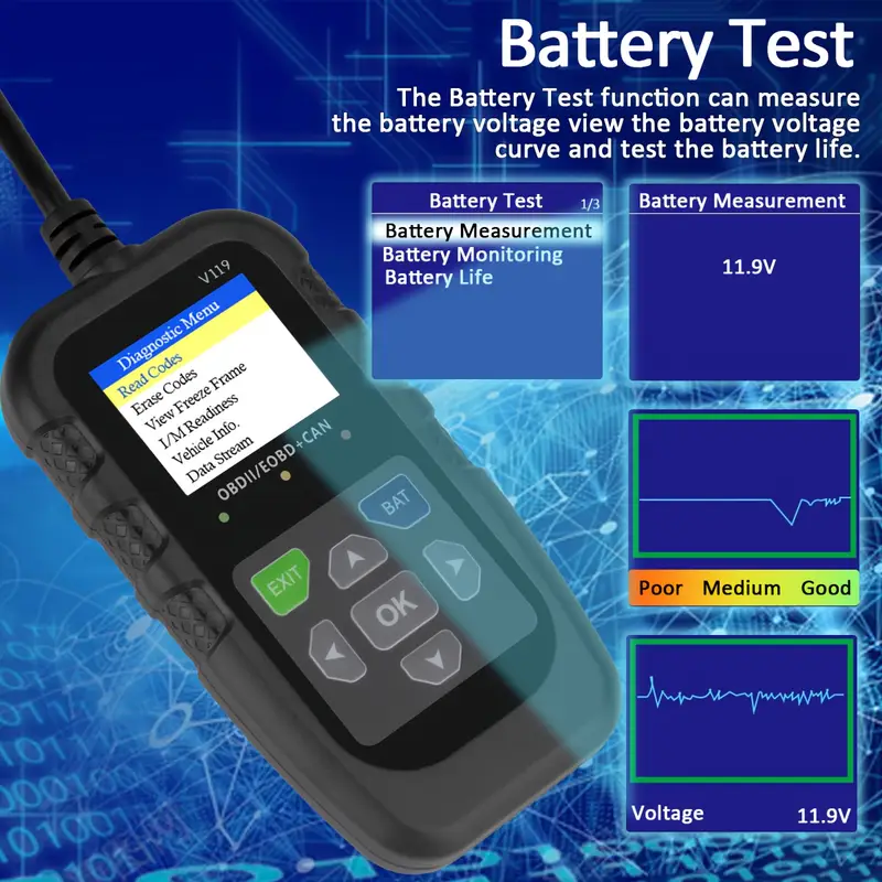 Leitor de Códigos OBD2 V119, F - Power Supply Tester avaliação e preço